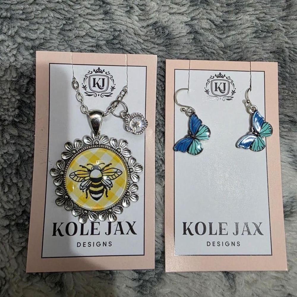 Kole Jax Designs Bumblebee Gingham Necklace and Blue Butterfly Earrings Set